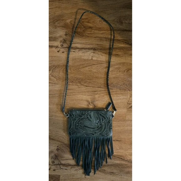 Tooled Green Fringe Bag Boho Crossbody Purse with Wristlet Strap Detachable - Picture 1 of 6